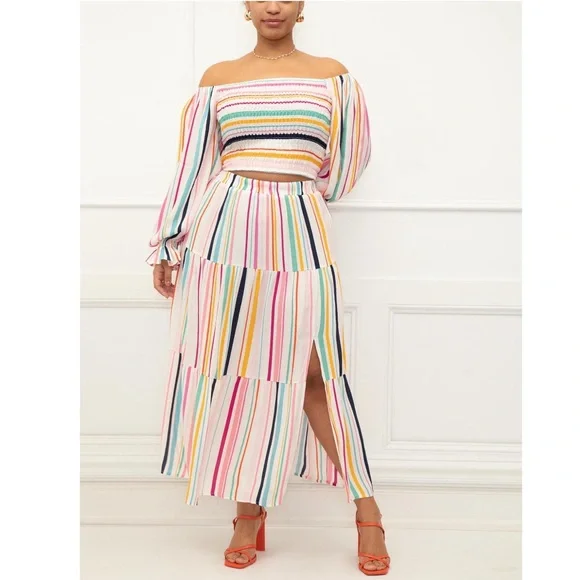 ELOQUII Rainbow Tiered Maxi Skirt With Slit Pull On Elastic Waist Colorful - Picture 3 of 9